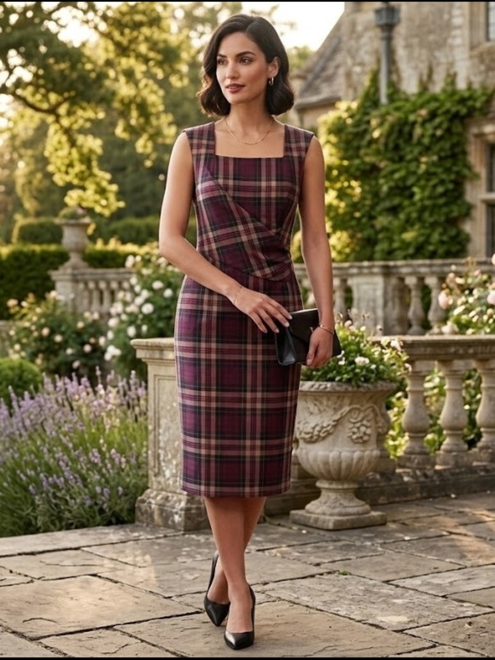 Tahari ASL Burgundy Plaid Midi Sheath Dress